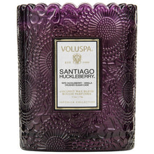 voluspa coconut wax candle  glass jar scalloped edging santiago huckleberry fragrance