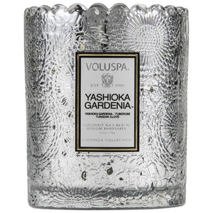 volupsa coconut wax candle in a glass with scalloped edging yashoka gardenia fragrance
