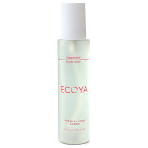 ecoya guava & lychee sorbet fragranced room spray in frosted glass bottle